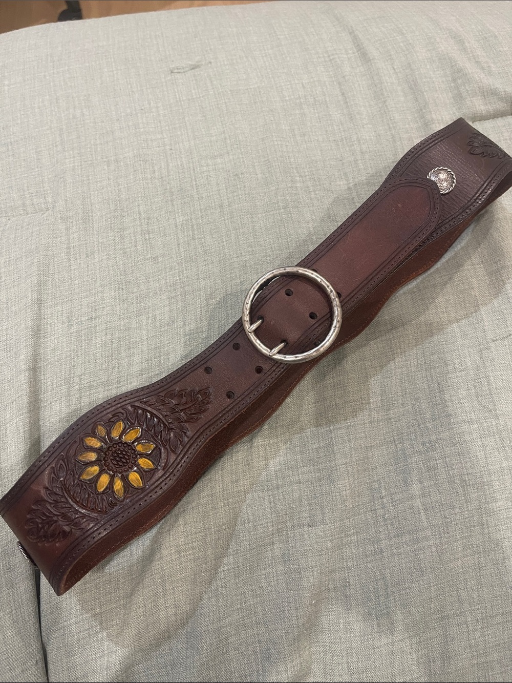 Shyanne Brown Tooled Leather Belt with Sunflower Accent and Silver Round Buckle